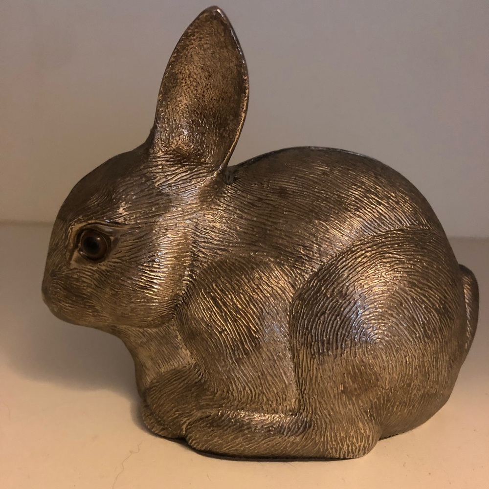Vintage pewter bunny money bank.